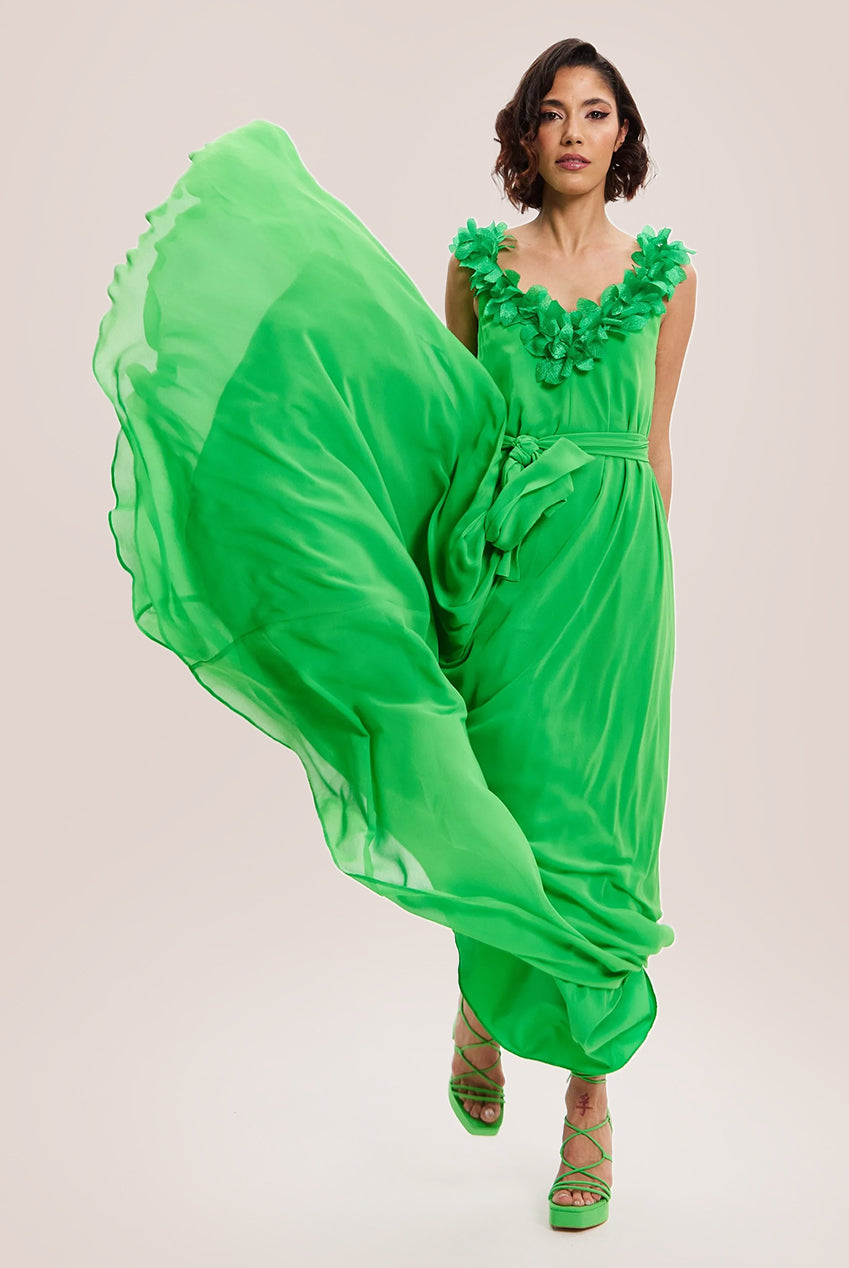 Leaf Detail Maxi Dress In Green ELF001010