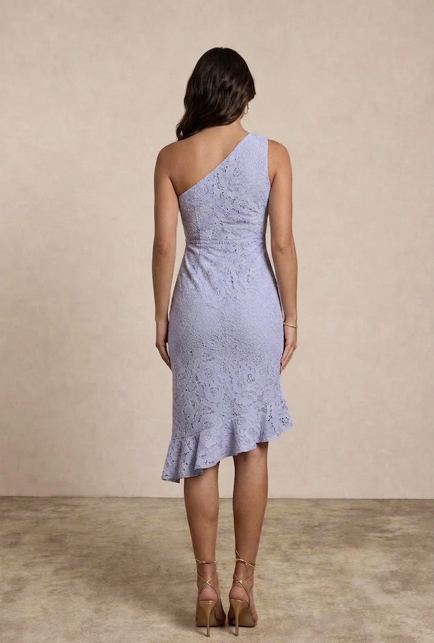 One Shoulder Premium Lace Asymmetric Mid Dress In Blue EM082703BL