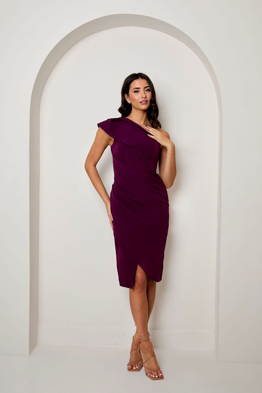 One Shoulder Wrap Detail Midi Dress In Purple EM1876PUR