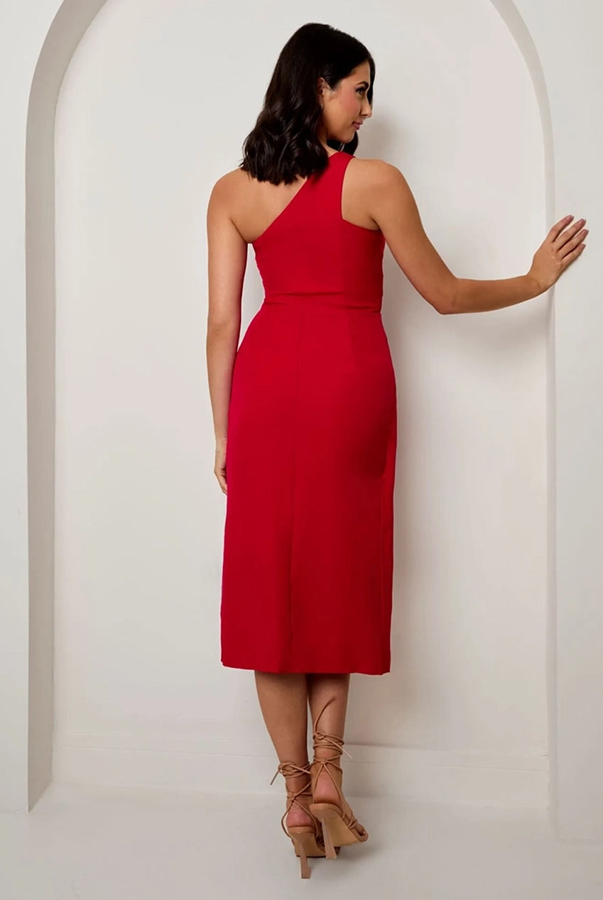 One Shoulder Split Detail Midi Dress In Red EM1934RE
