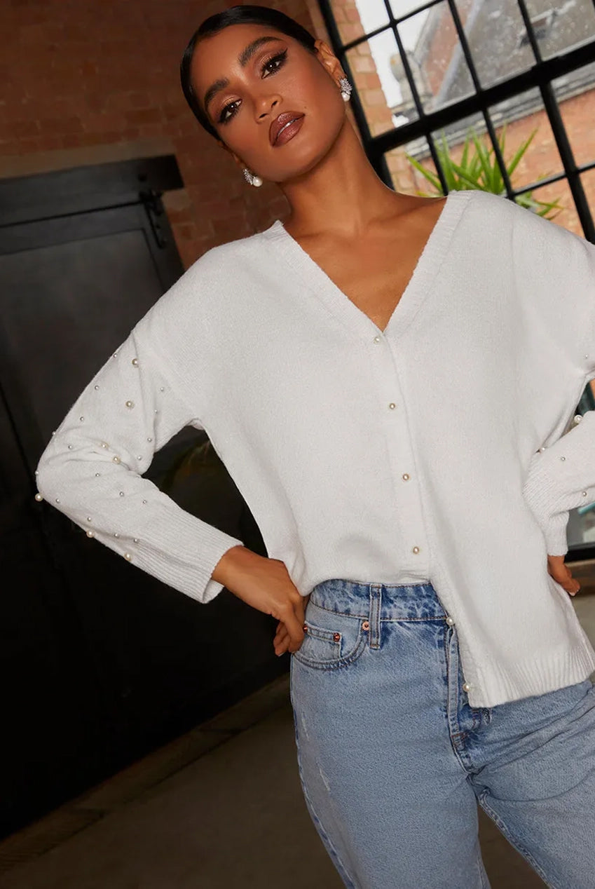 Pearl Detail Oversized Cardigan In Cream EM22202CR