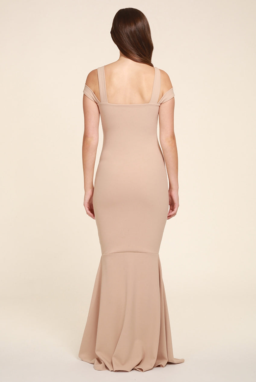 Evie Beige Cold Shoulder Fishtail Maxi Dress EVIE-BEIGE-DRESS