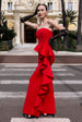 Boobtube Peplum  Waterfall Frill Maxi Dress - Red by Goddiva