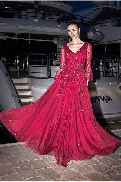 Burgundy - Sunray Hand Embellished Sequin A-Line Bell Sleeve Maxi Dress - Burgundy by Goddiva