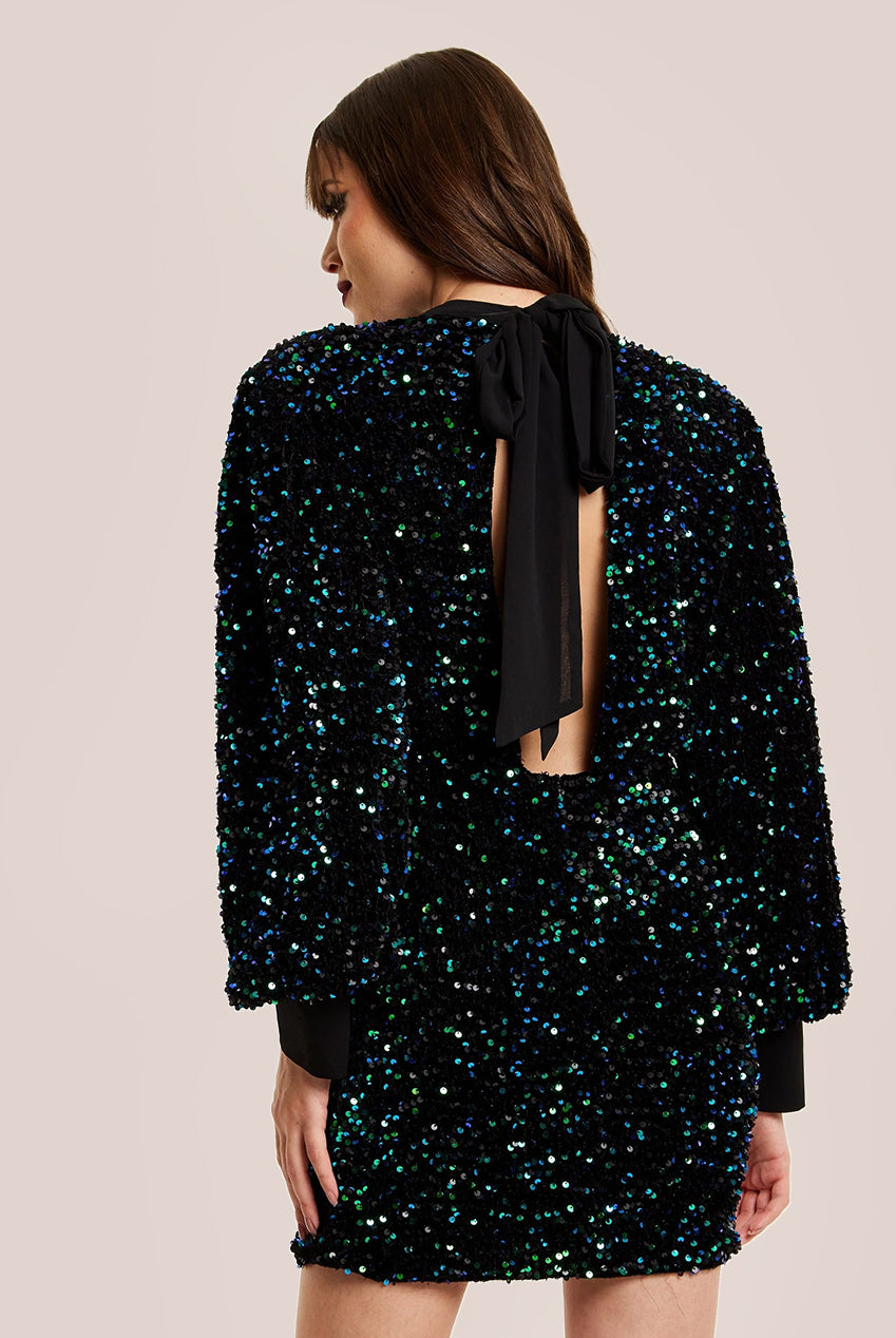 Black Velvet Based Green And Blue Sequin Mini Dress F0-LIQ23AW002GB