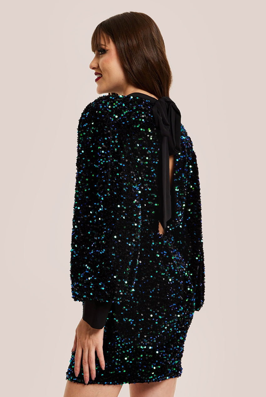 Black Velvet Based Green And Blue Sequin Mini Dress F0-LIQ23AW002GB