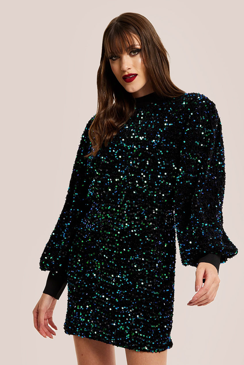 Black Velvet Based Green And Blue Sequin Mini Dress F0-LIQ23AW002GB