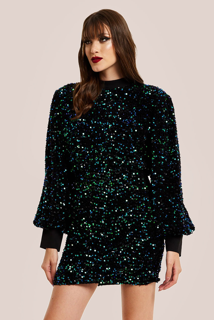 Black Velvet Based Green And Blue Sequin Mini Dress F0-LIQ23AW002GB