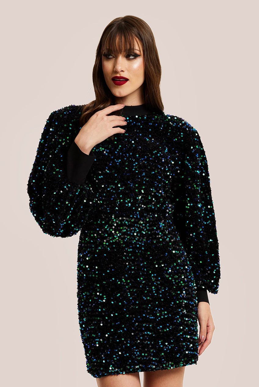 Black Velvet Based Green And Blue Sequin Mini Dress F0-LIQ23AW002GB