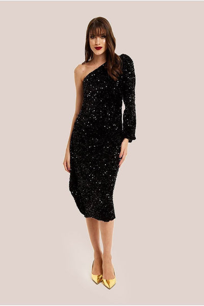 velvet one shoulder midi dress Black Sequin Velvet One Shoulder Midi Dress