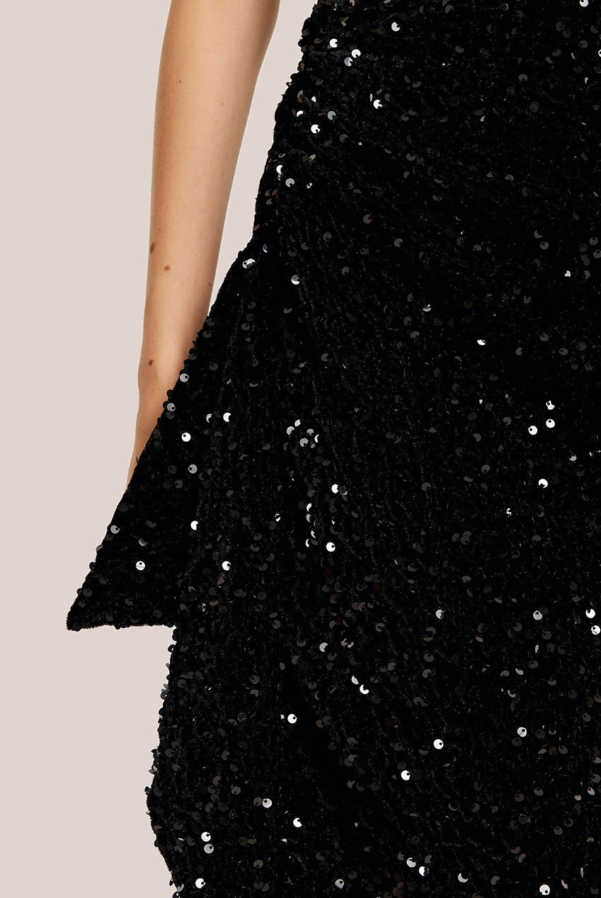 Black Sequin Velvet One Shoulder Midi Dress F0-LIQ23AW015