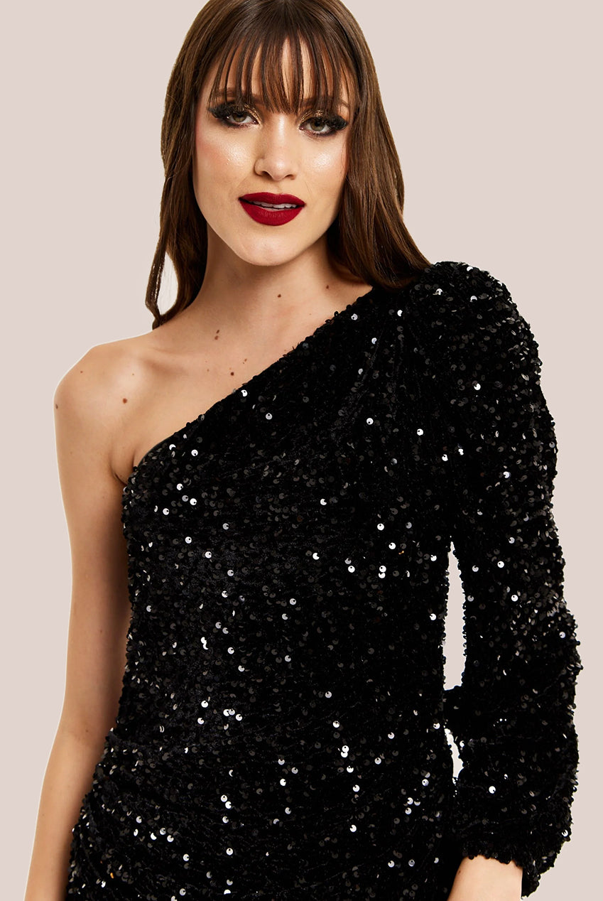 Black Sequin Velvet One Shoulder Midi Dress F0-LIQ23AW015