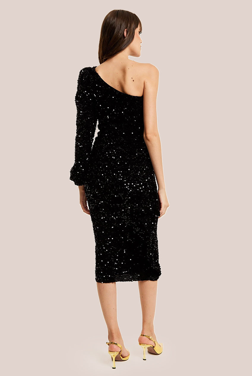 Black Sequin Velvet One Shoulder Midi Dress F0-LIQ23AW015