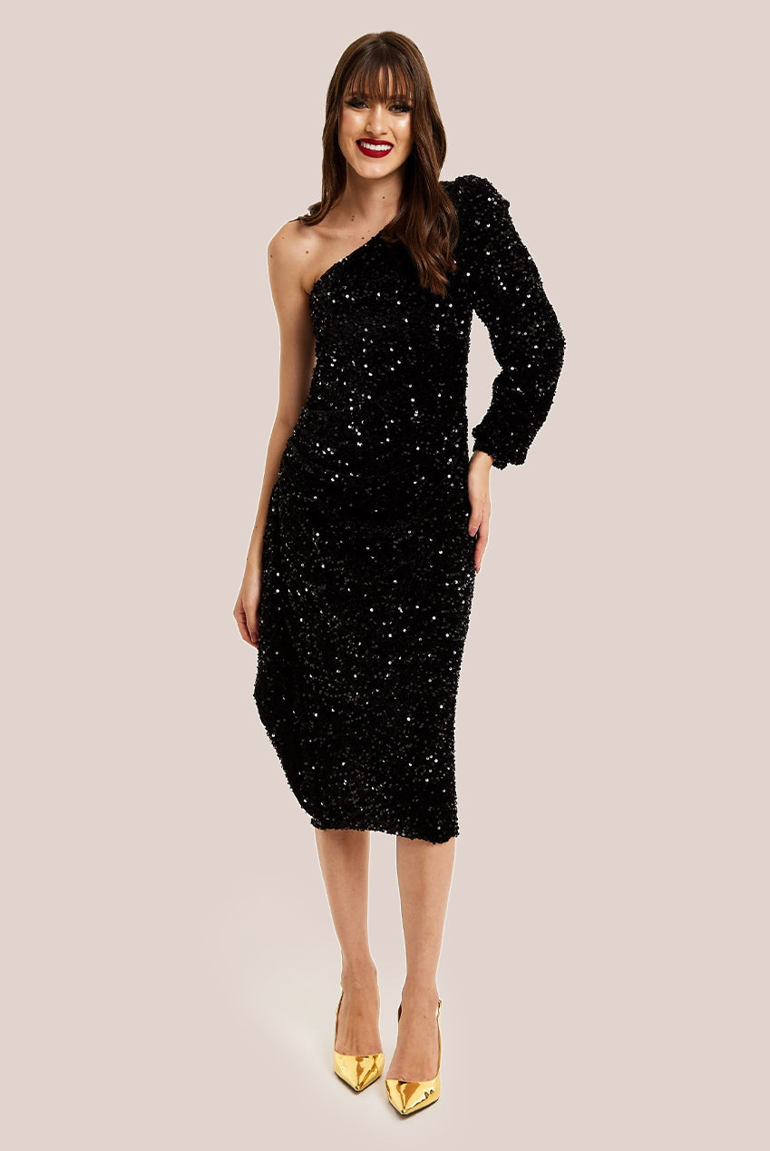 Black Sequin Velvet One Shoulder Midi Dress F0-LIQ23AW015