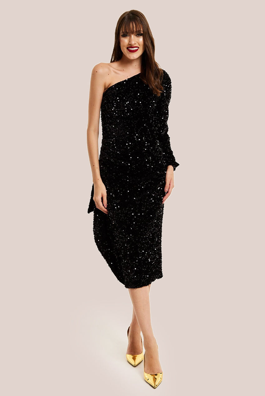 Black Sequin Velvet One Shoulder Midi Dress F0-LIQ23AW015