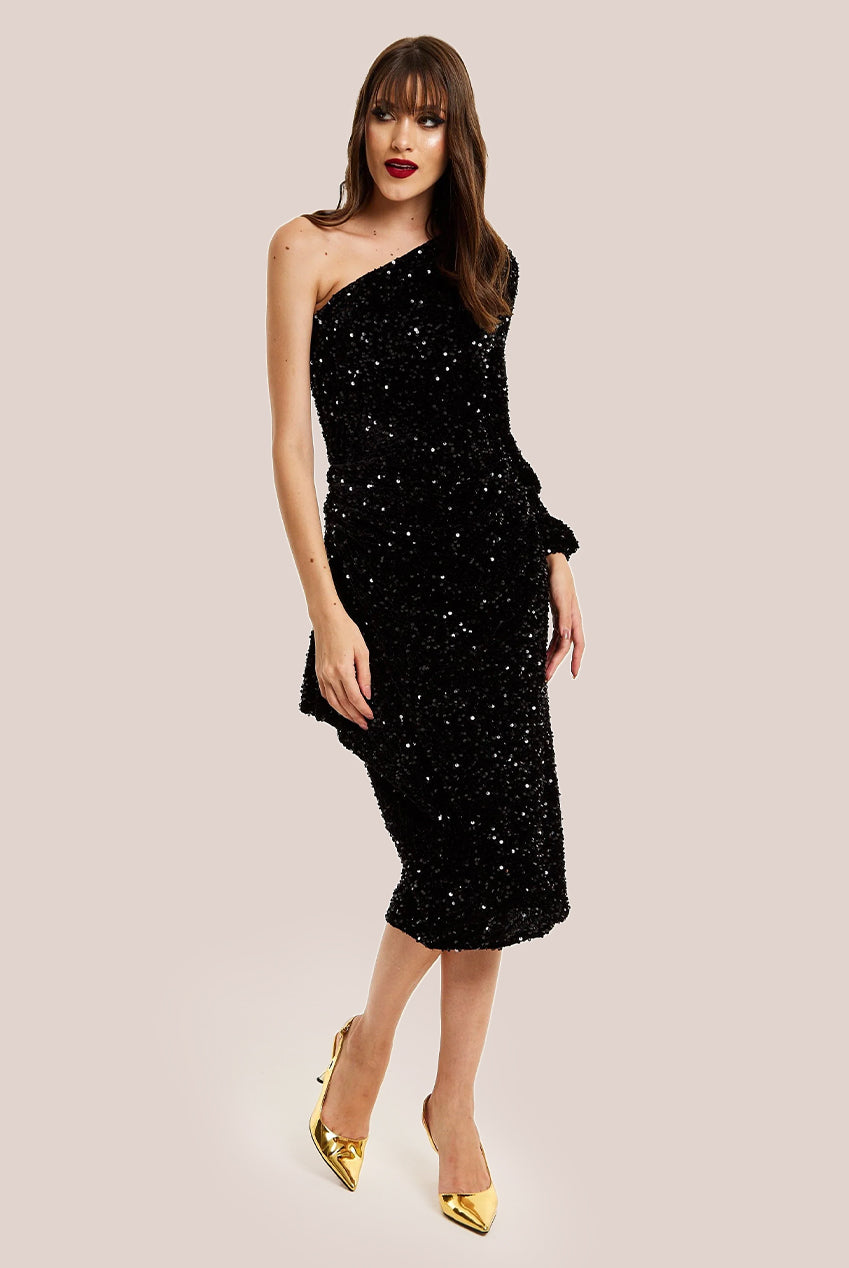 Black Sequin Velvet One Shoulder Midi Dress F0-LIQ23AW015