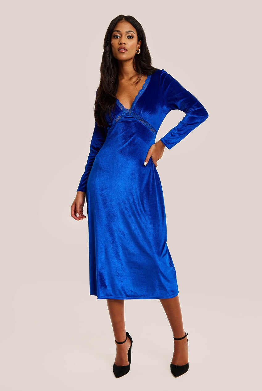 Royal Blue Velvet Midi Dress With Lace Details F21-LIQ23AW078RB