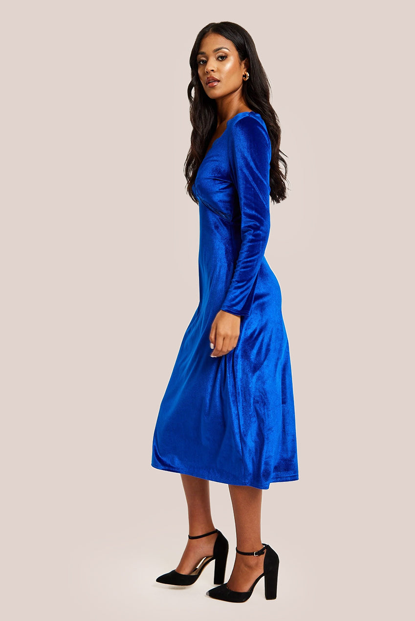 Royal Blue Velvet Midi Dress With Lace Details F21-LIQ23AW078RB