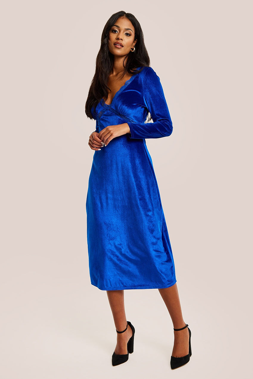 Royal Blue Velvet Midi Dress With Lace Details F21-LIQ23AW078RB