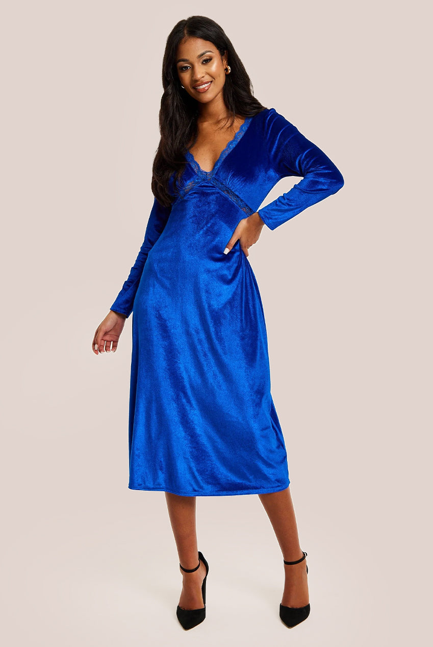 Royal Blue Velvet Midi Dress With Lace Details F21-LIQ23AW078RB