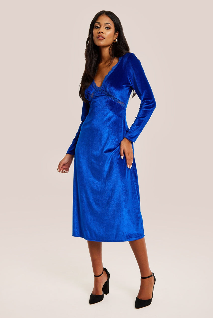 Royal Blue Velvet Midi Dress With Lace Details F21-LIQ23AW078RB