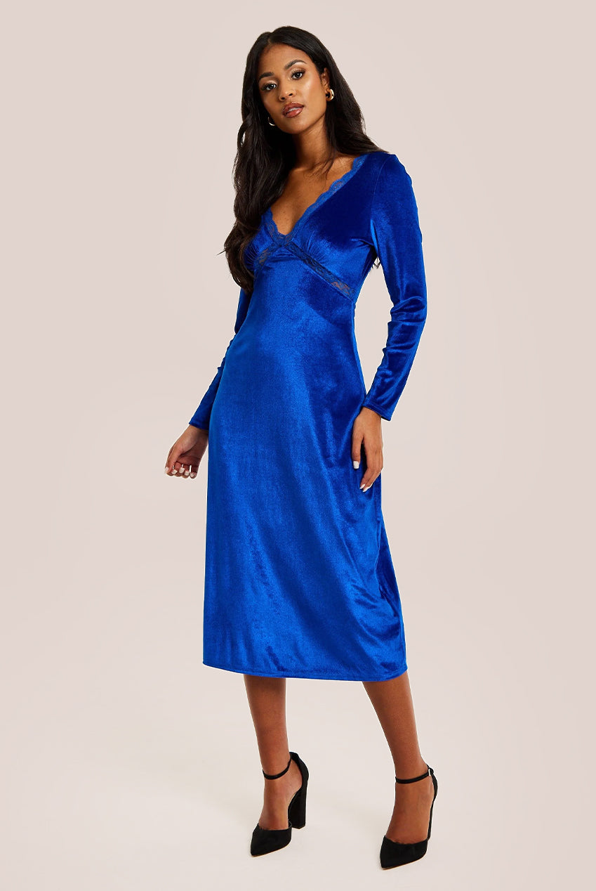 Royal Blue Velvet Midi Dress With Lace Details F21-LIQ23AW078RB