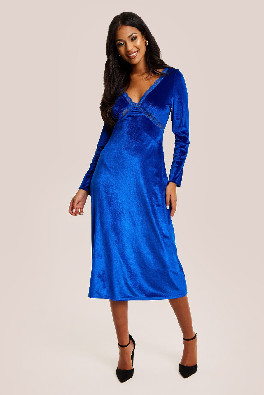 Royal Blue Velvet Midi Dress With Lace Details F21-LIQ23AW078RB