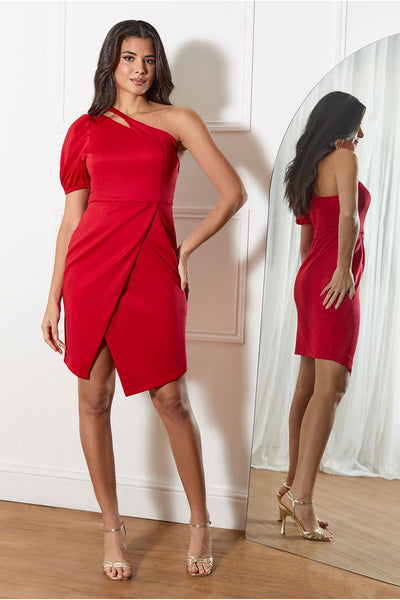 Red - One Shoulder Puff Sleeve Bodycon Mini Dress In Red by Chi Chi London