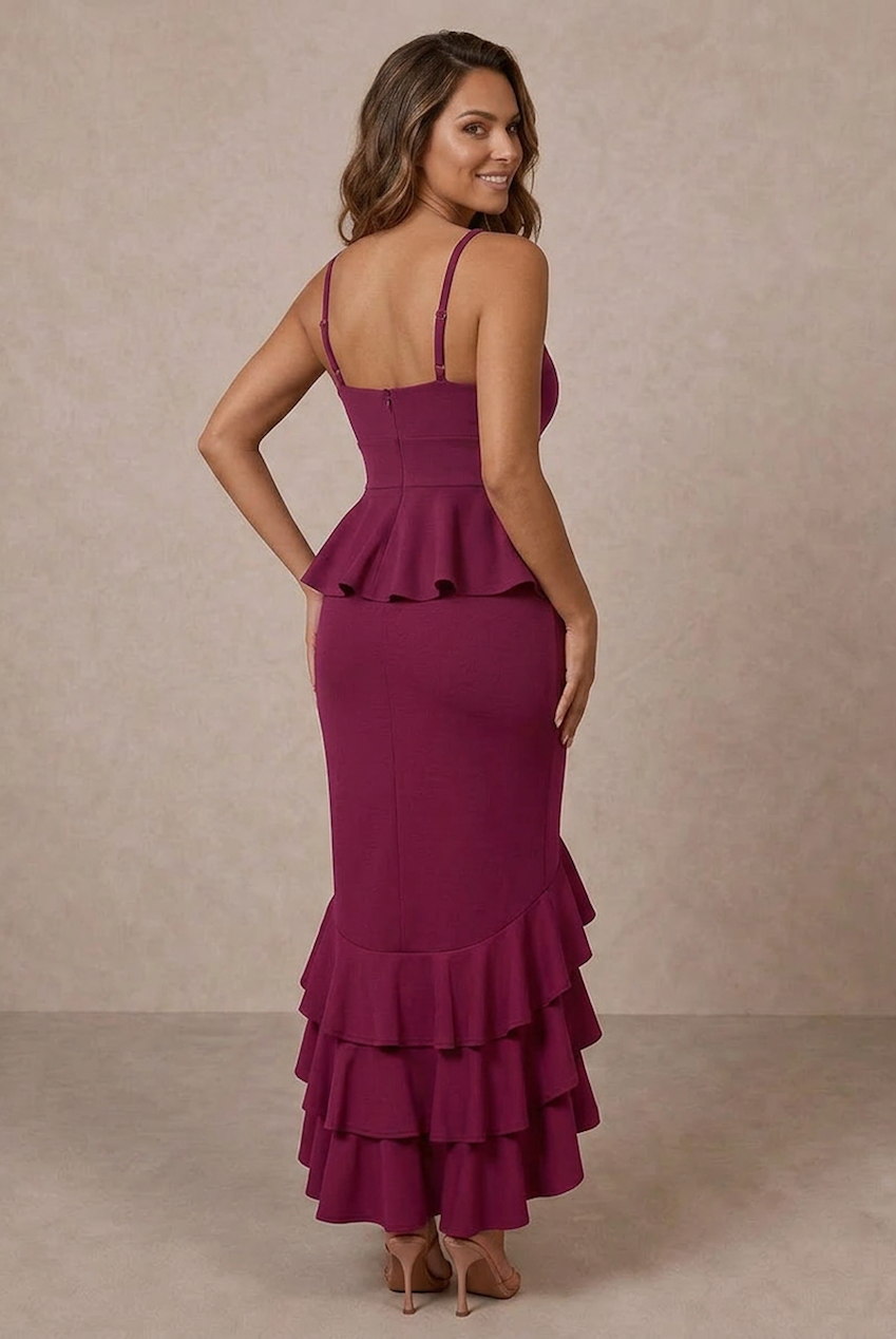 Cami Strap Ruffle Detail Bodycon Midi Dress In Berry FA050603BER