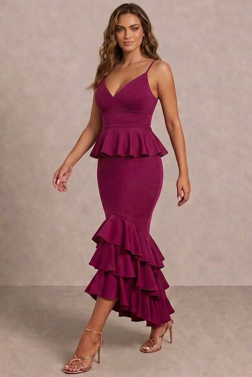 Cami Strap Ruffle Detail Bodycon Midi Dress In Berry FA050603BER