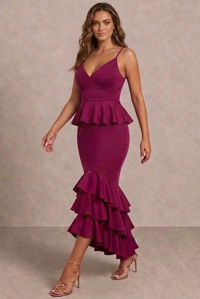Purple - Cami Strap Ruffle Detail Bodycon Midi Dress In Berry by Chi Chi London