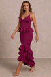 Cami Strap Ruffle Detail Bodycon Midi Dress In Berry by Chi Chi London