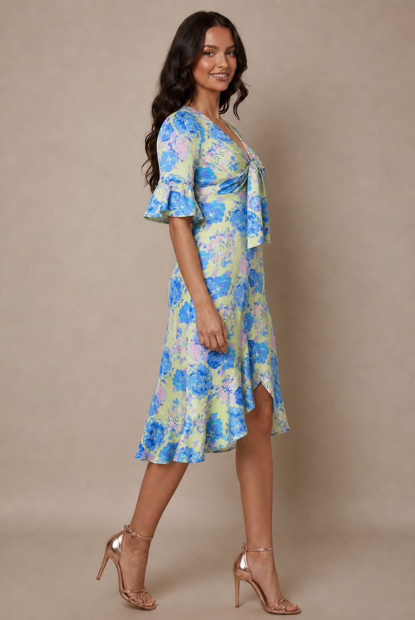 Short Sleeve Tie Front Floral Midi Dress In Yellow FA23103YEL
