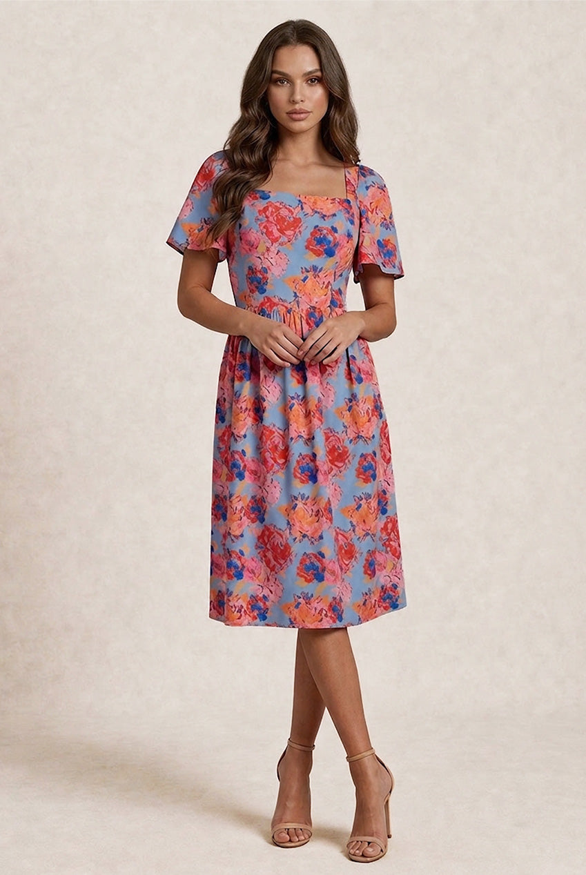 Square Neck Floral Midi Dress In Blue FA23107BL
