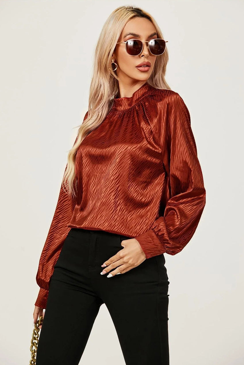 Halter Neck Satin Long Sleeve Blouse Top In Copper Red FS487