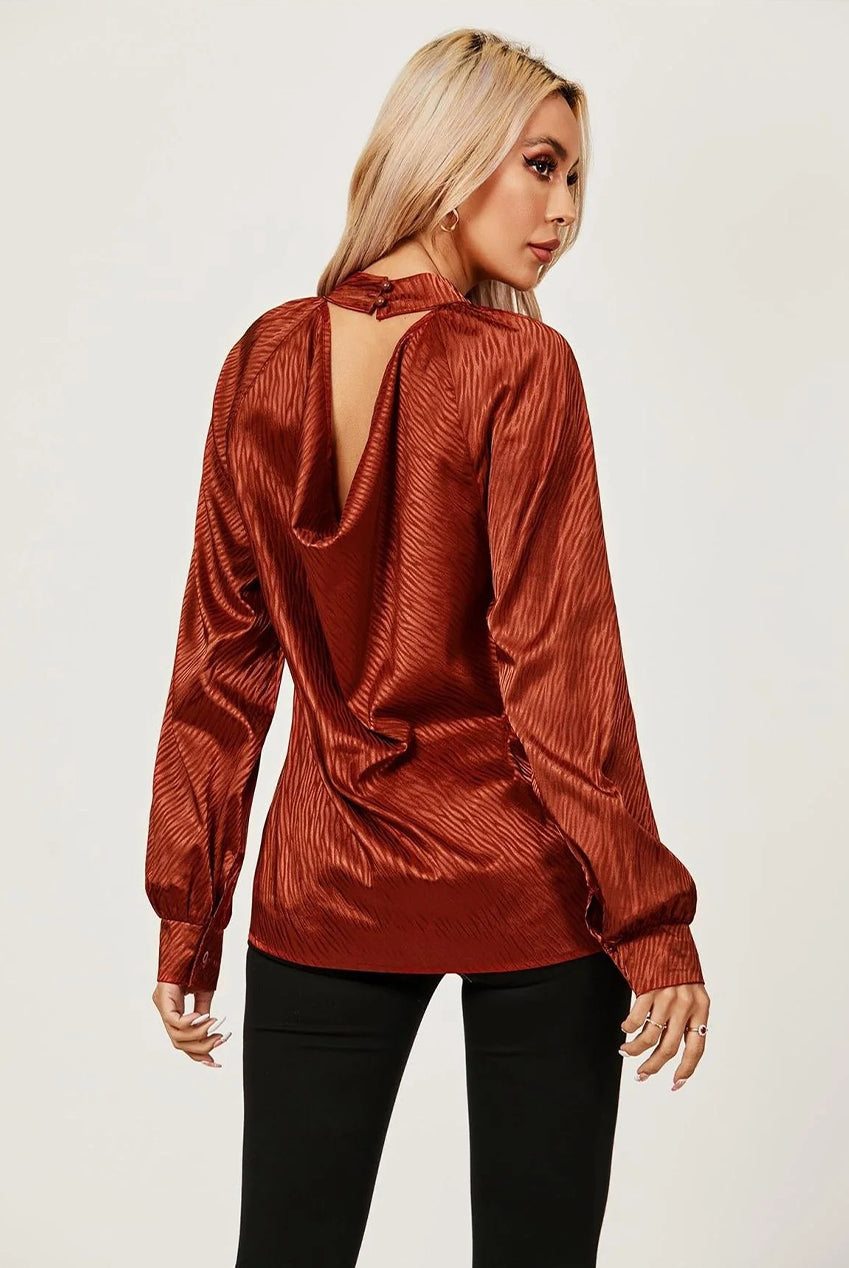 Halter Neck Satin Long Sleeve Blouse Top In Copper Red FS487