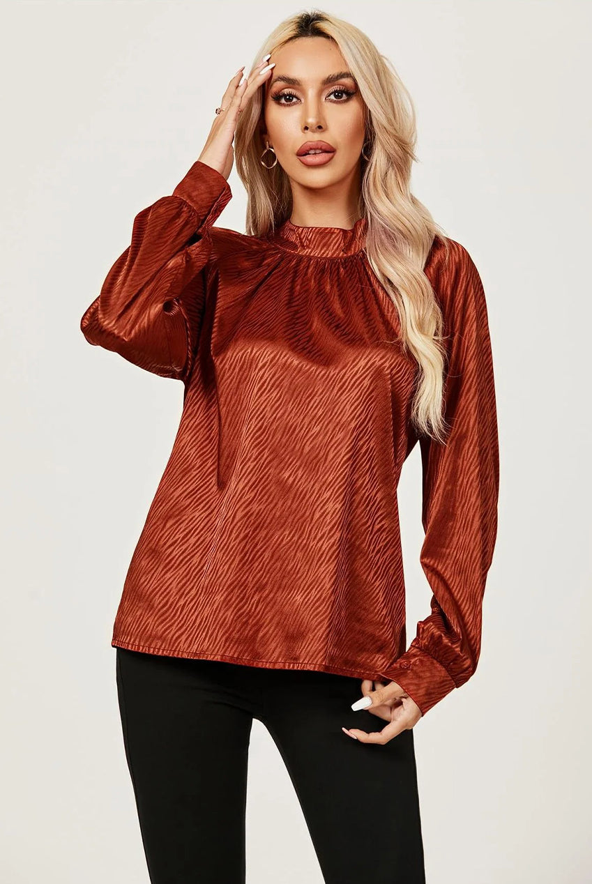 Halter Neck Satin Long Sleeve Blouse Top In Copper Red FS487