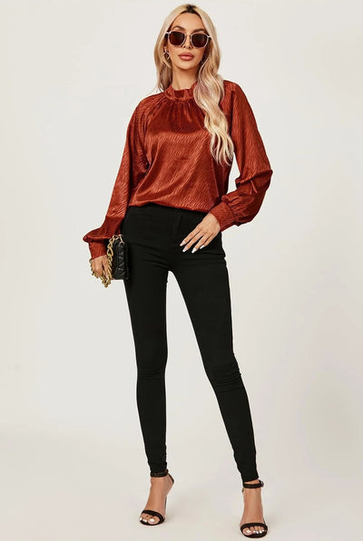 Copper Red - Halter Neck Satin Long Sleeve Blouse Top In Copper Red by FS Collection