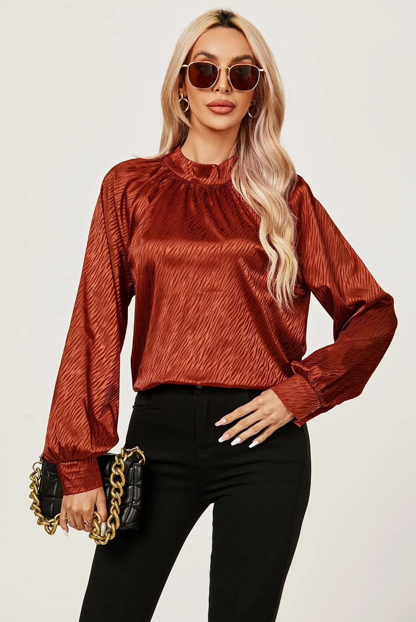 Halter Neck Satin Long Sleeve Blouse Top In Copper Red FS487