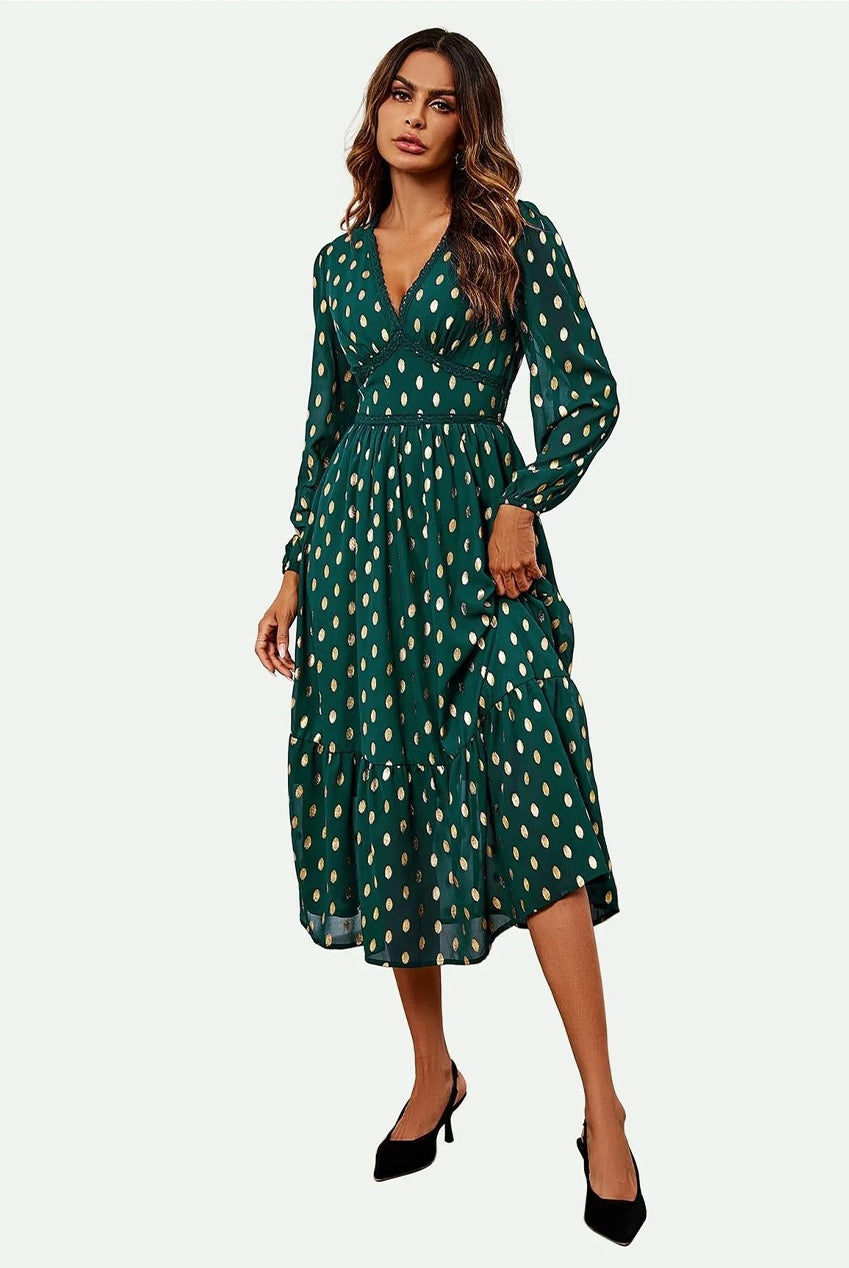Lace Trim Foil Long Sleeve Maxi Dress In Green FS565-GG