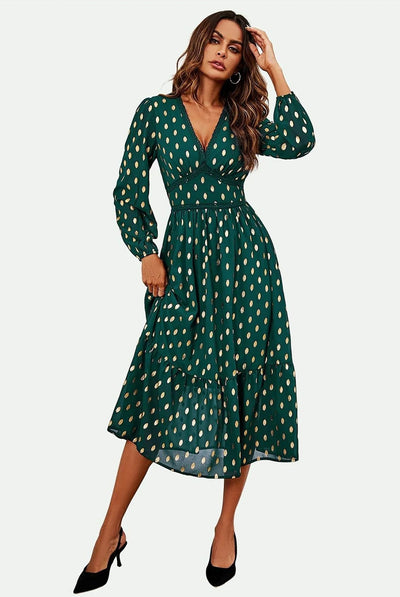 Green - Lace Trim Foil Long Sleeve Maxi Dress In Green by FS Collection