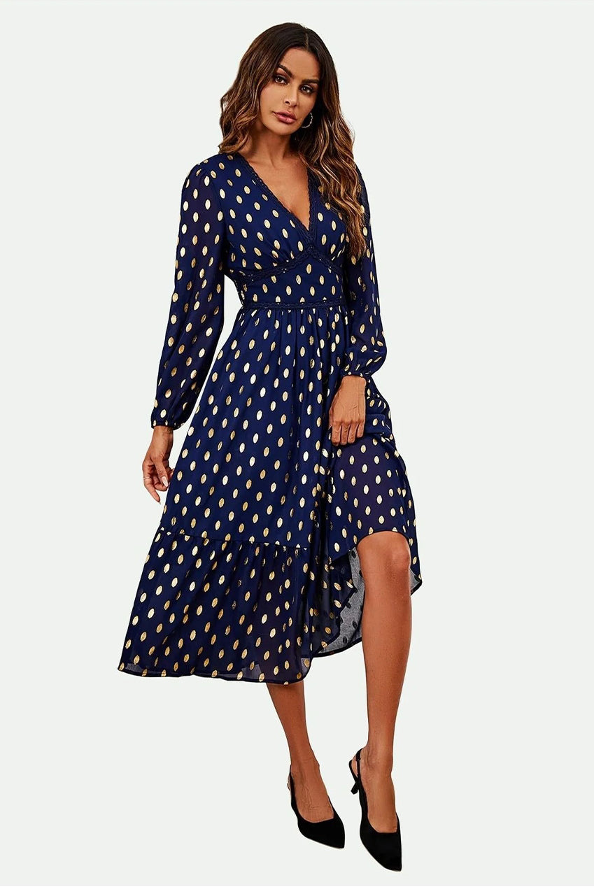 Lace Trim Foil Long Sleeve Maxi Dress In Navy FS565-NG