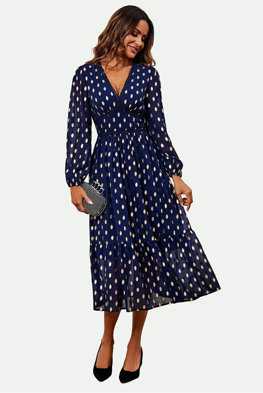 Lace Trim Foil Long Sleeve Maxi Dress In Navy FS565-NG
