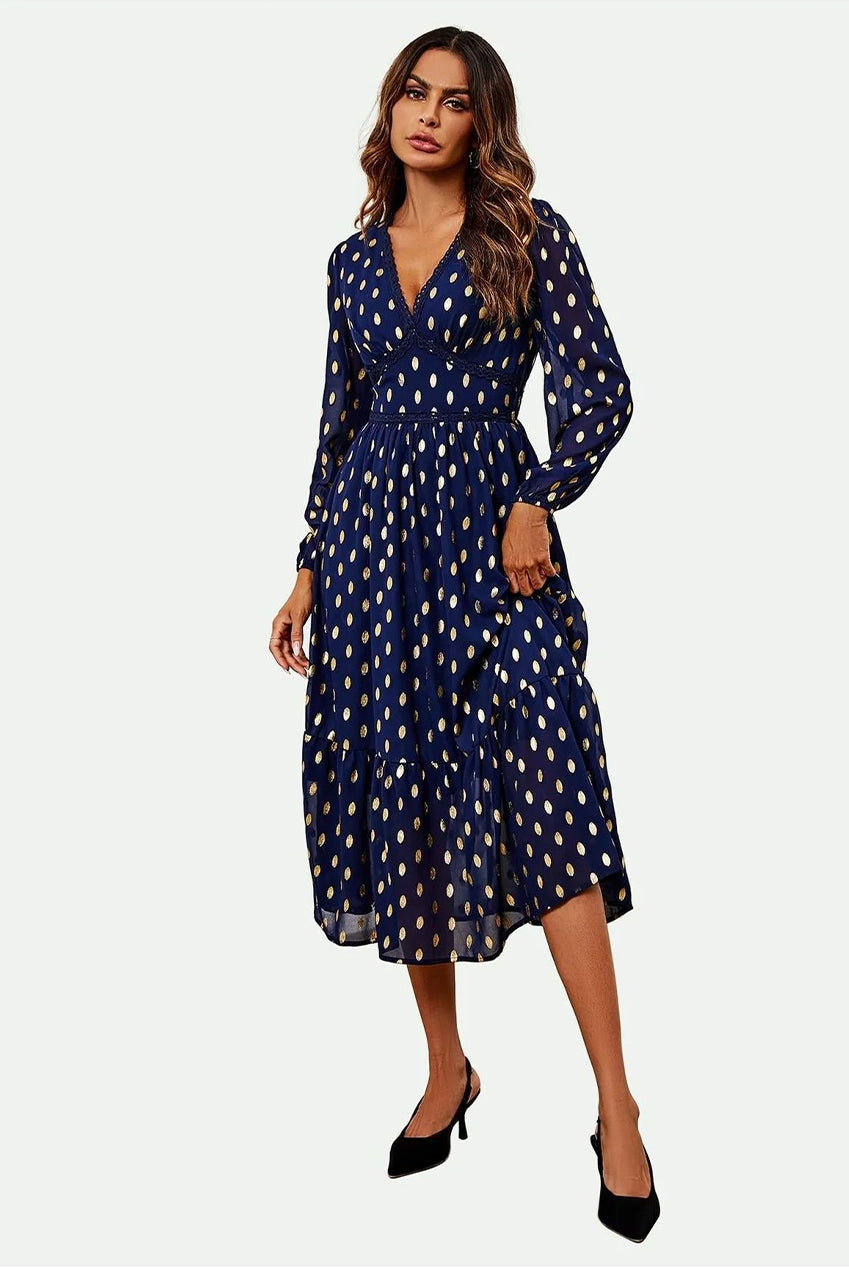 Lace Trim Foil Long Sleeve Maxi Dress In Navy FS565-NG
