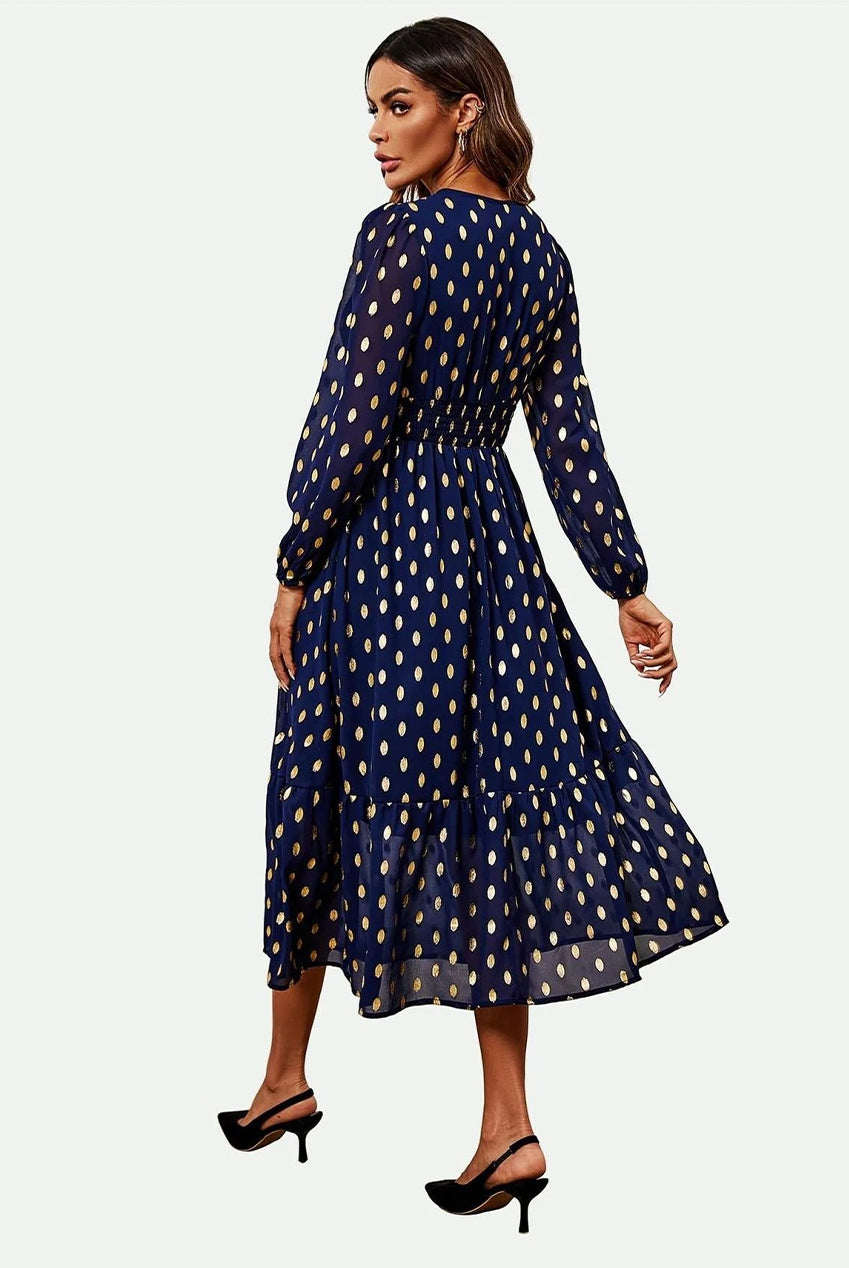 Lace Trim Foil Long Sleeve Maxi Dress In Navy FS565-NG