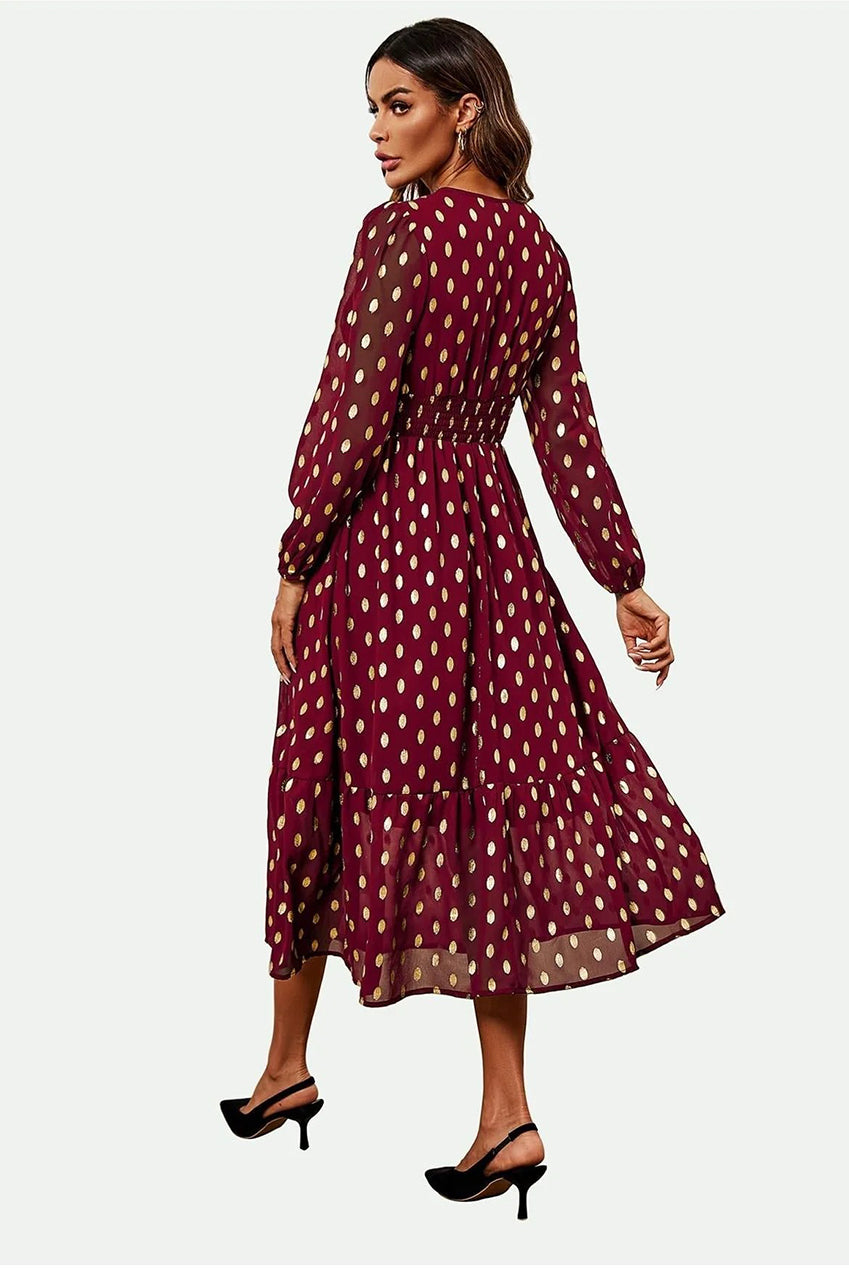 Lace Trim Foil Long Sleeve Maxi Dress In Wine FS565-WG