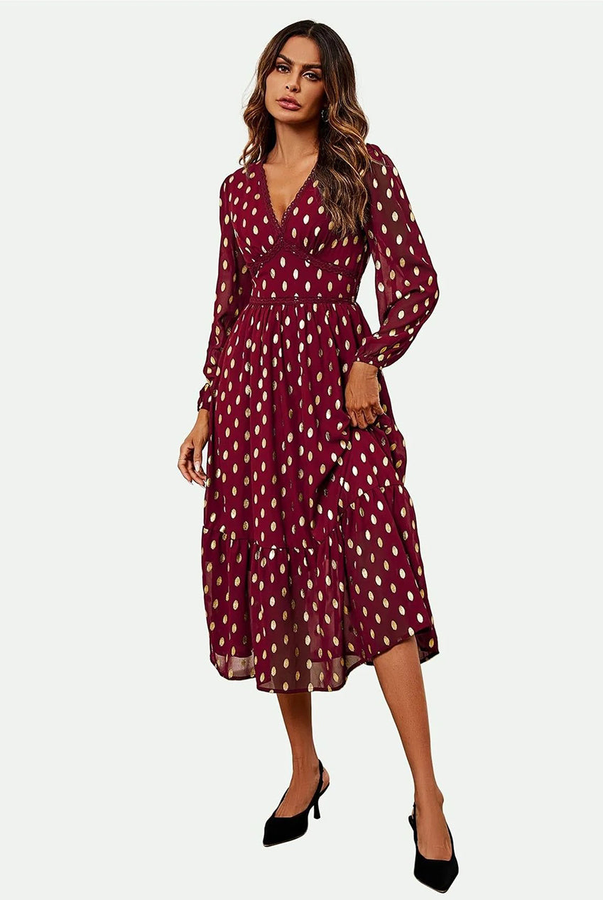 Lace Trim Foil Long Sleeve Maxi Dress In Wine FS565-WG