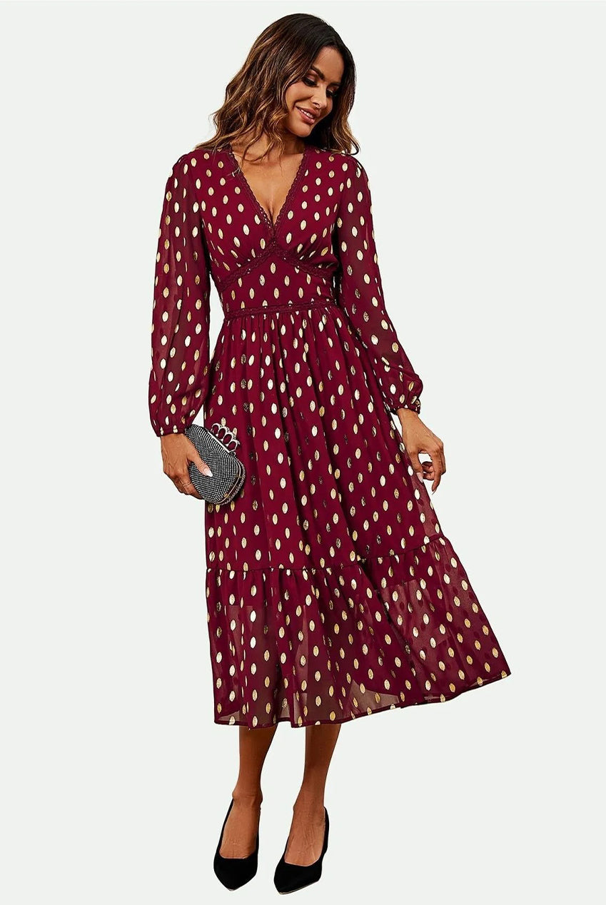 Lace Trim Foil Long Sleeve Maxi Dress In Wine FS565-WG