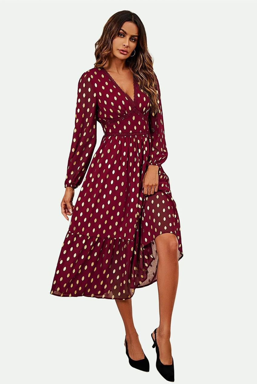 Lace Trim Foil Long Sleeve Maxi Dress In Wine FS565-WG