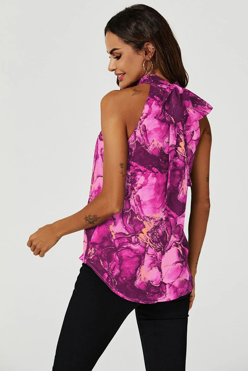 Marble Print Halter Neck Tie Back Top In Fuchsia Pink FS623